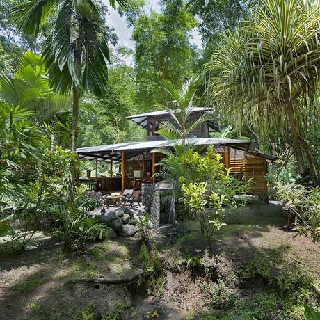 Ökolodge Congo Bongo Außenansicht 01 Blick auf ein Bungalow der Ökolodge Congo Bongo von außen
