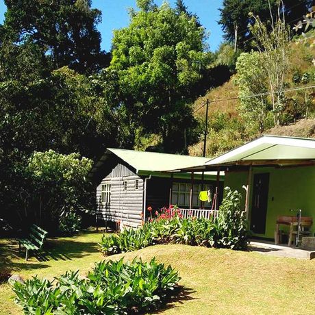 Blick auf den Aussenbereich der Bungalows Cabinas el Quetzal