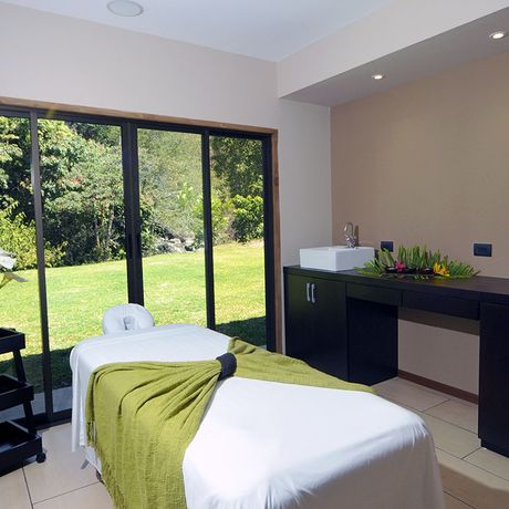 Sie blicken auf eine Massageliege, die mit einem grünen Handtuch drappiert wurde. Im Hintergrund des Therapieraums sind große Panoramafenster mit Blick in die grüne Natur