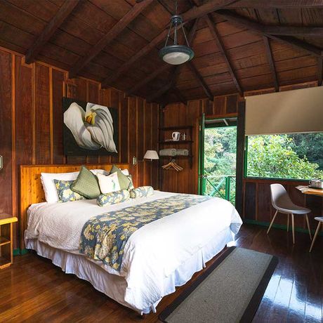 Bungalow Trogon Lodge Superiorzimmer 02 Blick auf ein Doppelbett im Superiorzimmer der Bungalow Trogon Lodge