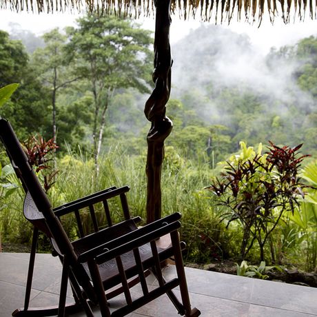 Costa Rica Dschungel-Lodge Nebel Dampfschwaden treten aus dem dichten Dschungel auf.
