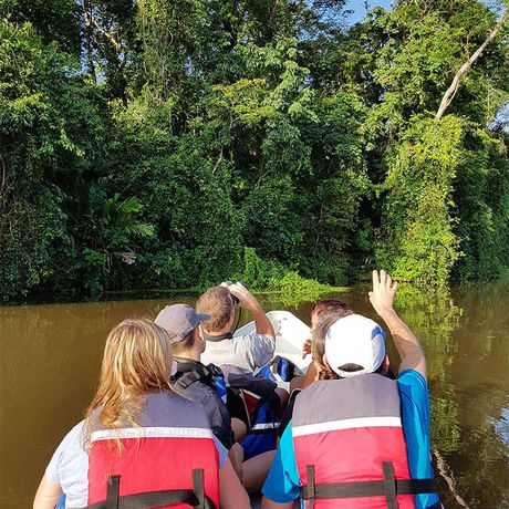 Blick auf eine Ausflugsgruppe auf dem Fluss Tortuguero Blick auf eine Ausflugsgruppe bei der Kanutour im Nationalpark Tortuguero