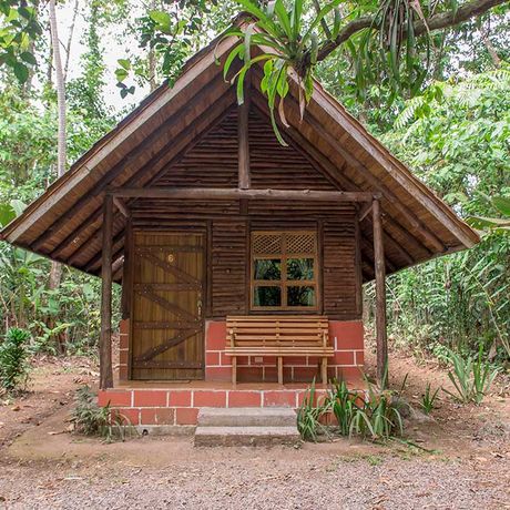 Blick auf einen Bungalow der Bungalow + Cabinas Arenal Oasis