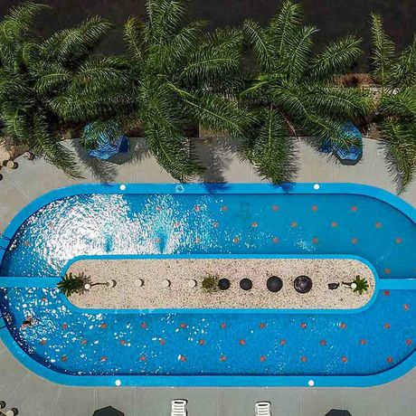 Vogelperspektive des Pools der Heliconias Nature Lodge