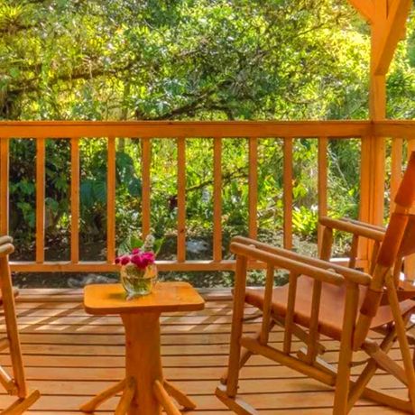 Blick auf das Grüne von der Terrasse aus des Flussbungalows von Río-Chirripó-Lodge