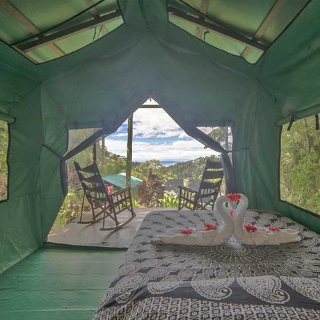 Ausblick vom Bett eines Zeltes der Dschungel-Lodge Luna Lodge 